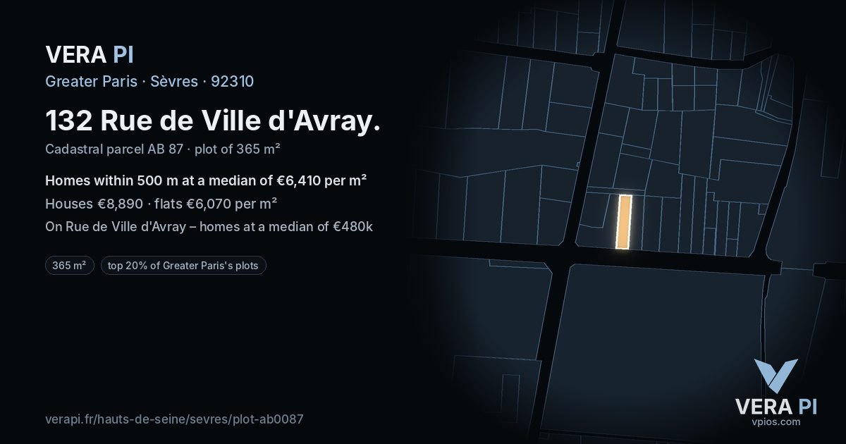 132 Rue de Ville d'Avray, Sèvres at night – the plot lit, the parcels around coloured by the prices near them