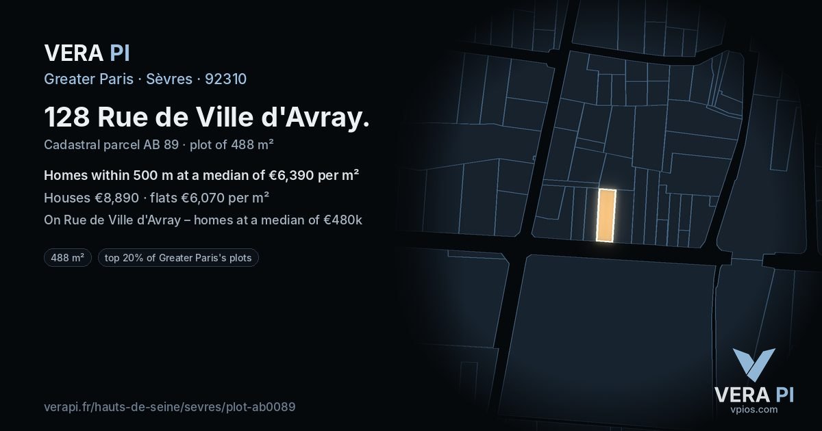 128 Rue de Ville d'Avray, Sèvres at night – the plot lit, the parcels around coloured by the prices near them