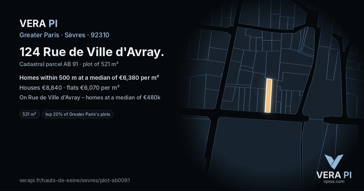 124 Rue de Ville d'Avray, Sèvres at night – the plot lit, the parcels around coloured by the prices near them