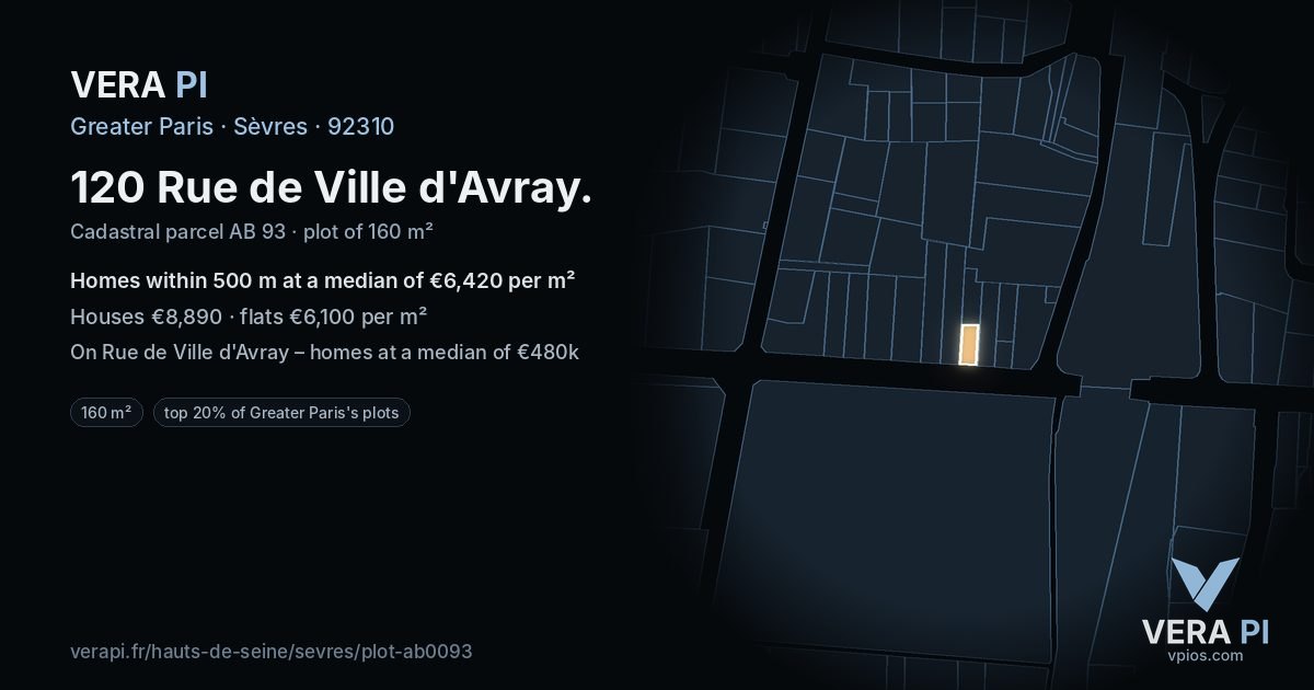 120 Rue de Ville d'Avray, Sèvres at night – the plot lit, the parcels around coloured by the prices near them