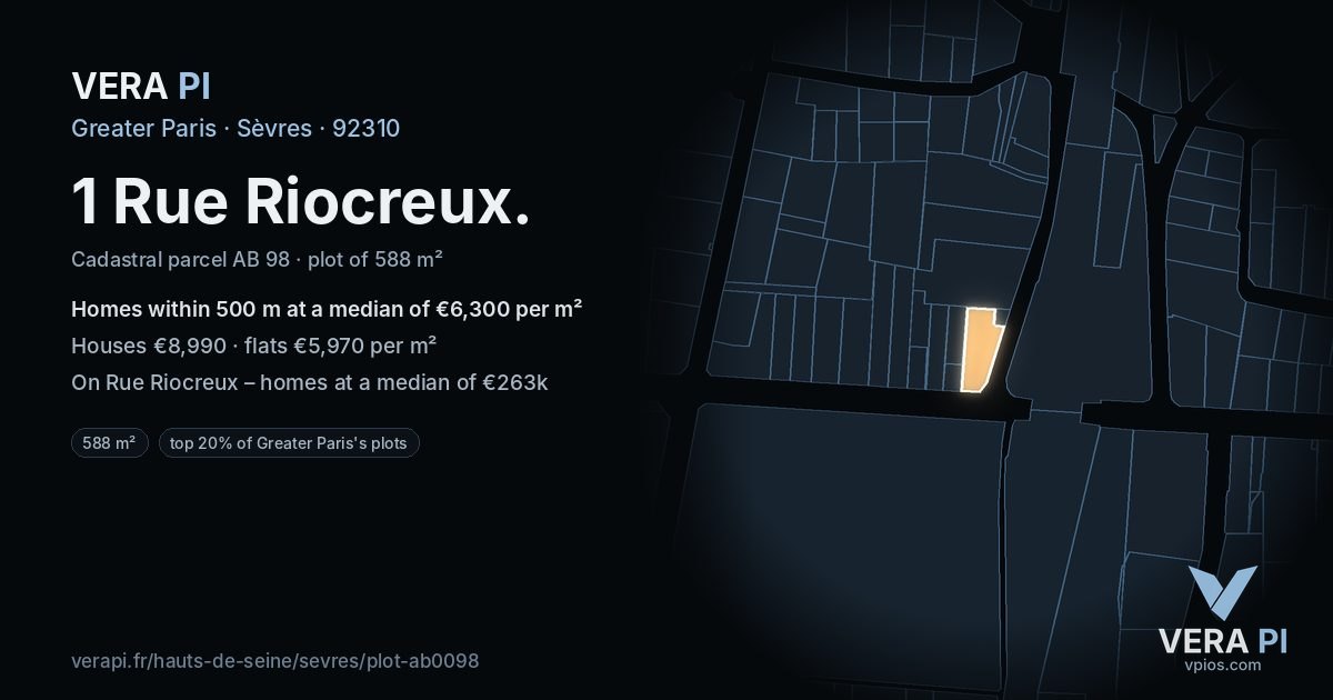 1 Rue Riocreux, Sèvres at night – the plot lit, the parcels around coloured by the prices near them