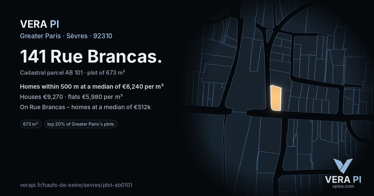 141 Rue Brancas, Sèvres at night – the plot lit, the parcels around coloured by the prices near them