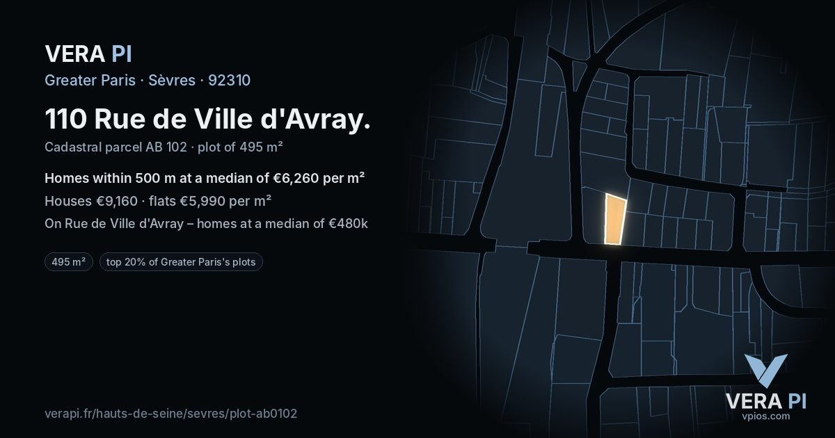 110 Rue de Ville d'Avray, Sèvres at night – the plot lit, the parcels around coloured by the prices near them