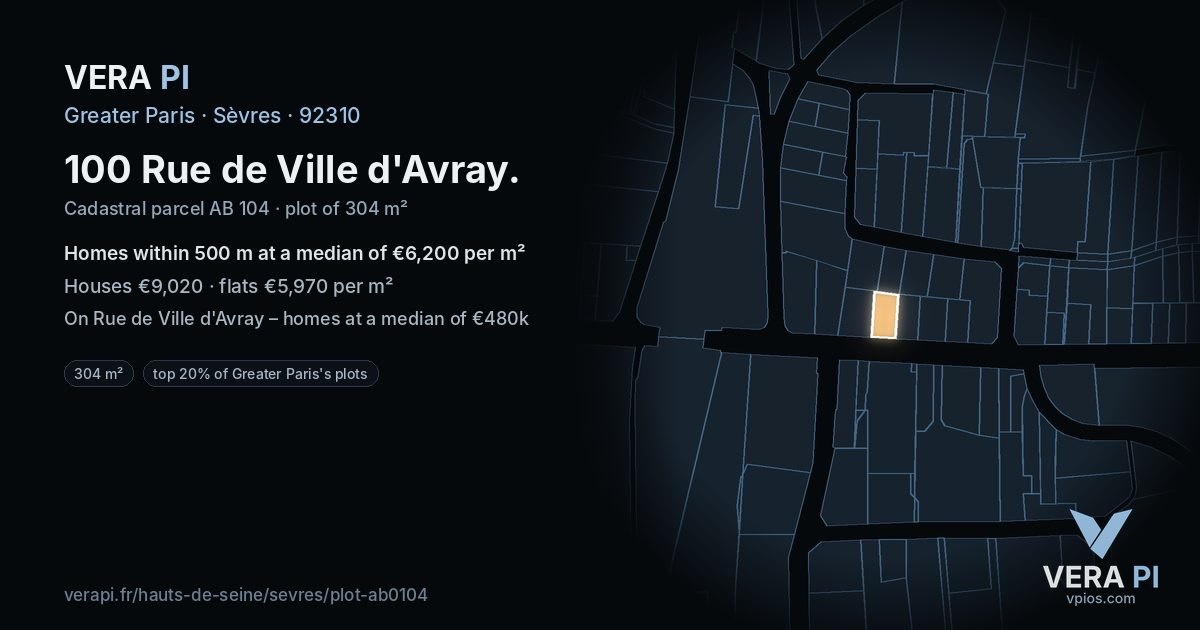 100 Rue de Ville d'Avray, Sèvres at night – the plot lit, the parcels around coloured by the prices near them