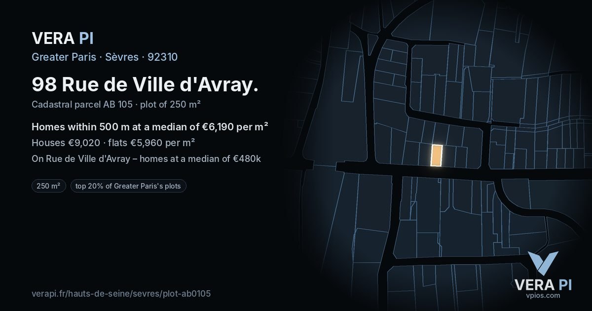 98 Rue de Ville d'Avray, Sèvres at night – the plot lit, the parcels around coloured by the prices near them