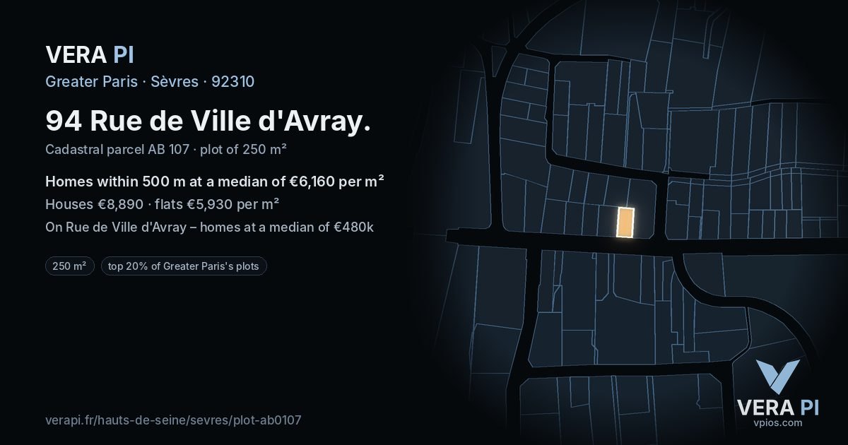 94 Rue de Ville d'Avray, Sèvres at night – the plot lit, the parcels around coloured by the prices near them