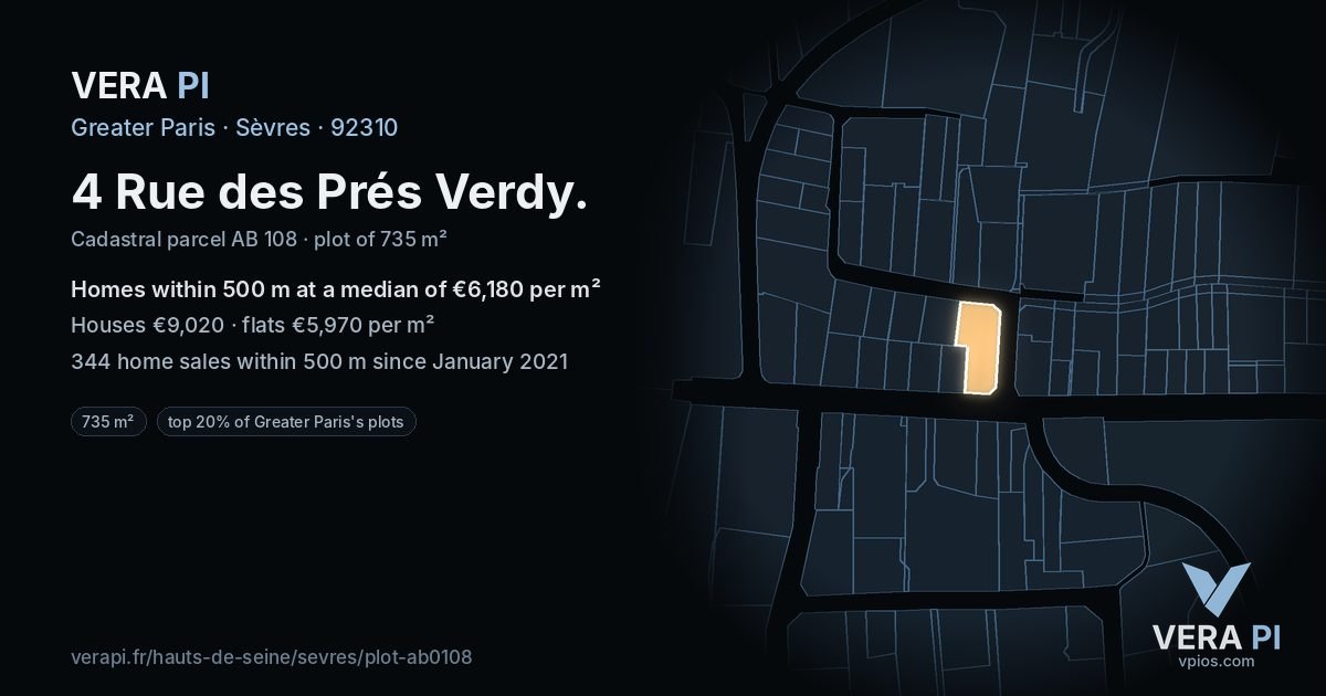 4 Rue des Prés Verdy, Sèvres at night – the plot lit, the parcels around coloured by the prices near them