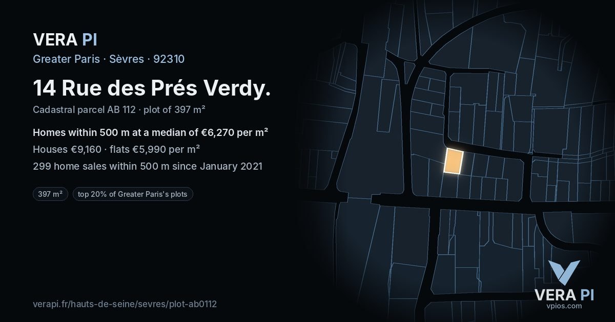 14 Rue des Prés Verdy, Sèvres at night – the plot lit, the parcels around coloured by the prices near them
