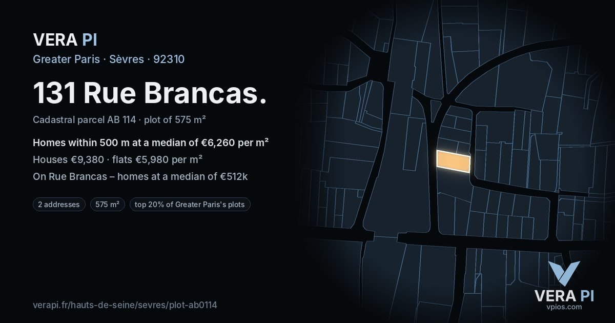 131 Rue Brancas, Sèvres at night – the plot lit, the parcels around coloured by the prices near them