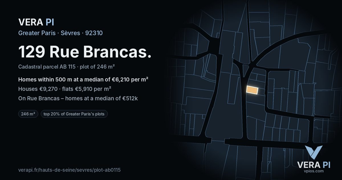 129 Rue Brancas, Sèvres at night – the plot lit, the parcels around coloured by the prices near them