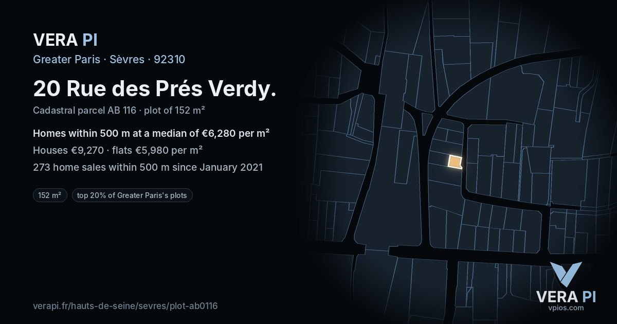 20 Rue des Prés Verdy, Sèvres at night – the plot lit, the parcels around coloured by the prices near them
