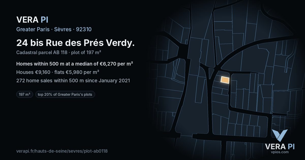 24 bis Rue des Prés Verdy, Sèvres at night – the plot lit, the parcels around coloured by the prices near them