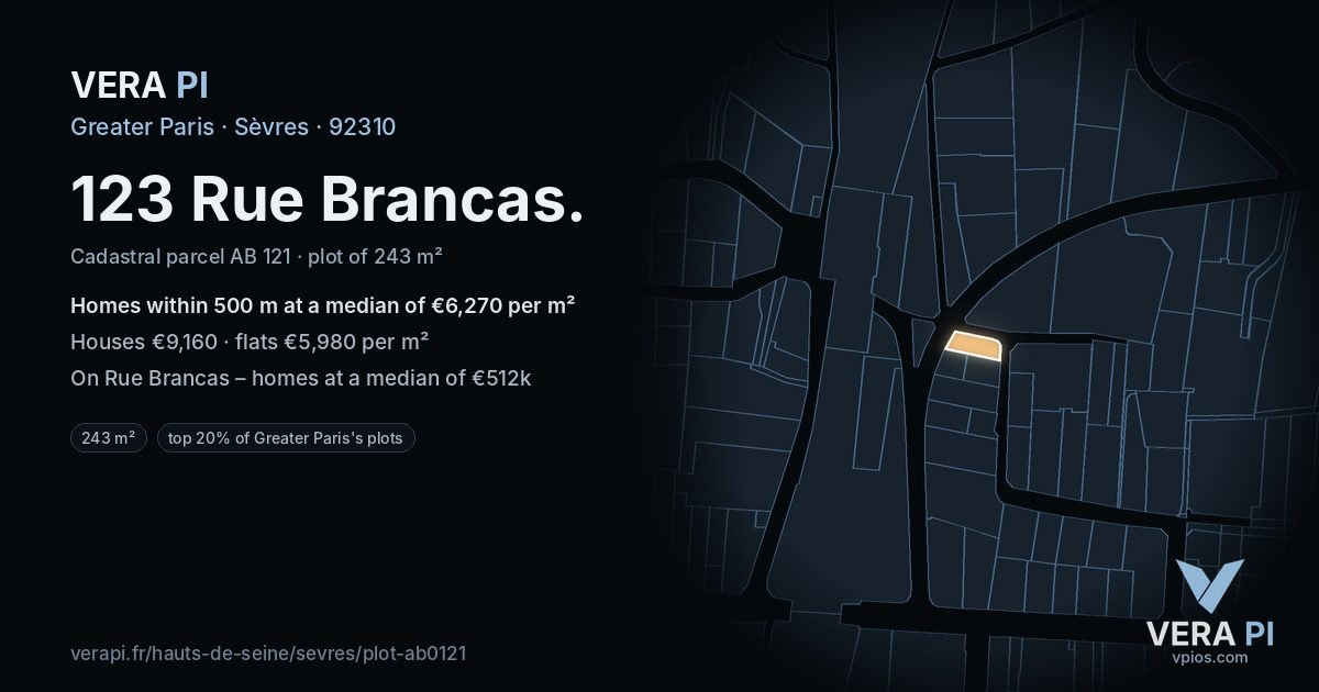 123 Rue Brancas, Sèvres at night – the plot lit, the parcels around coloured by the prices near them