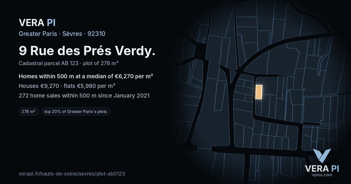 9 Rue des Prés Verdy, Sèvres at night – the plot lit, the parcels around coloured by the prices near them