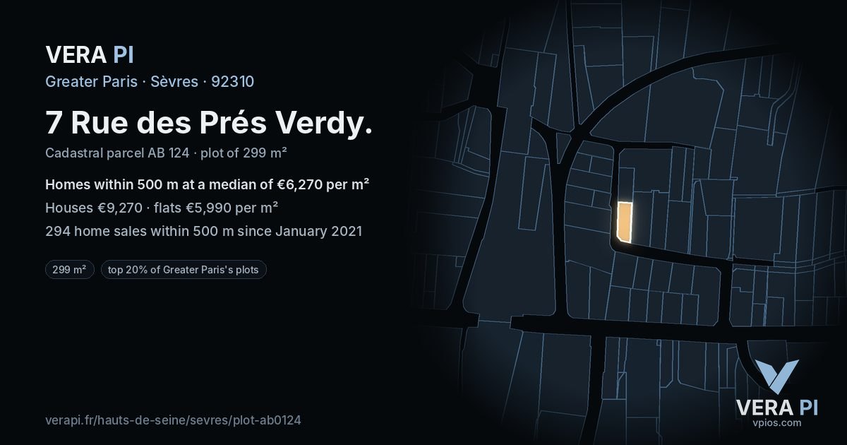 7 Rue des Prés Verdy, Sèvres at night – the plot lit, the parcels around coloured by the prices near them