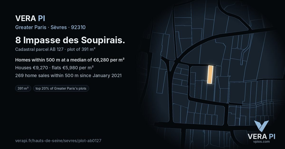 8 Impasse des Soupirais, Sèvres at night – the plot lit, the parcels around coloured by the prices near them