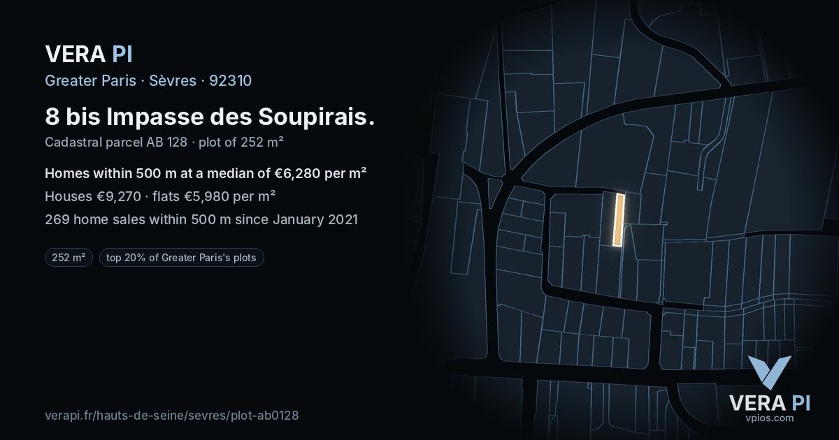 8 bis Impasse des Soupirais, Sèvres at night – the plot lit, the parcels around coloured by the prices near them