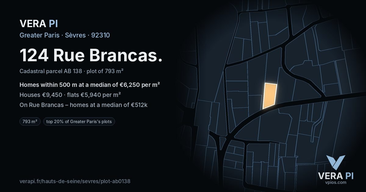 124 Rue Brancas, Sèvres at night – the plot lit, the parcels around coloured by the prices near them