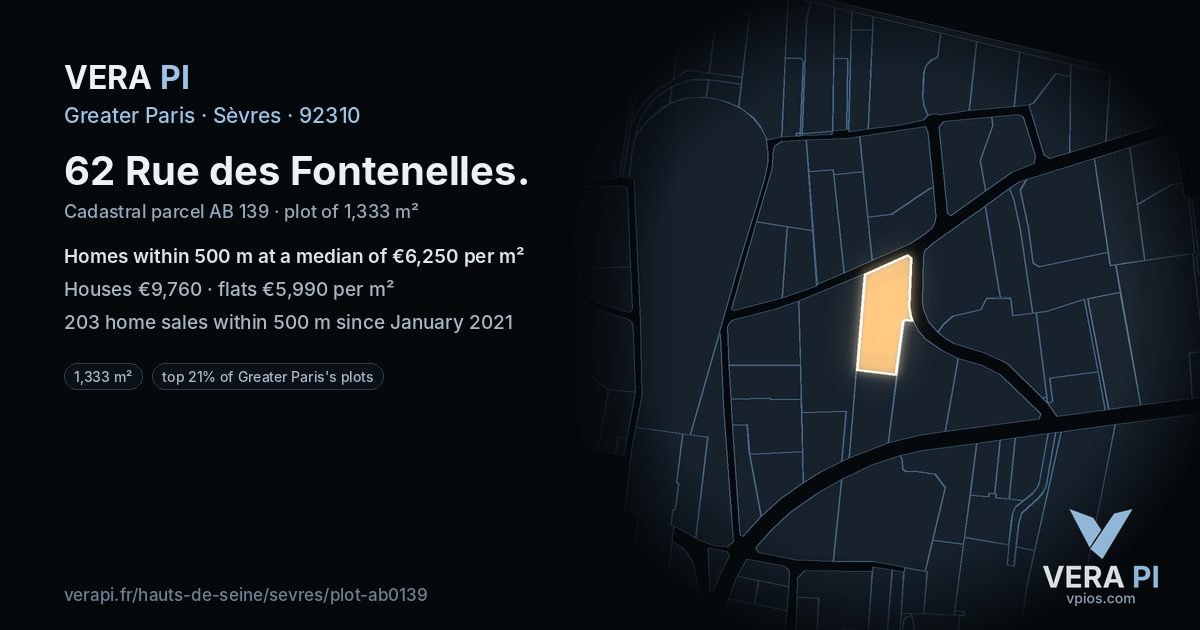 62 Rue des Fontenelles, Sèvres at night – the plot lit, the parcels around coloured by the prices near them