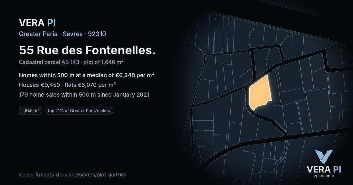 55 Rue des Fontenelles, Sèvres at night – the plot lit, the parcels around coloured by the prices near them
