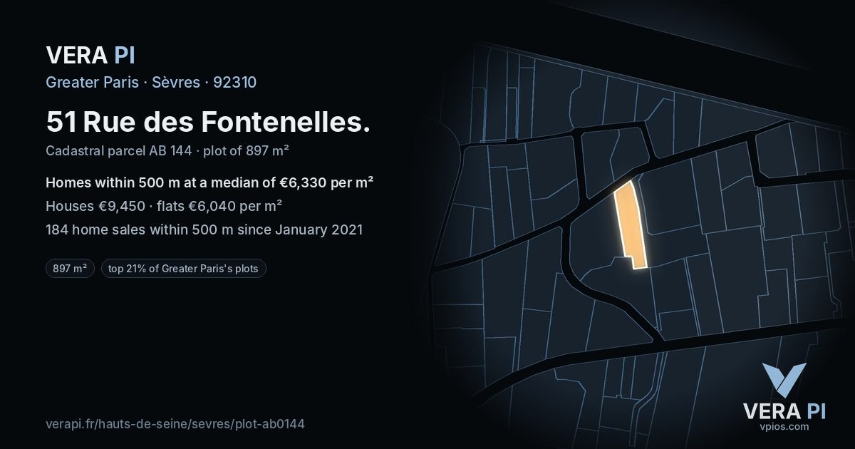 51 Rue des Fontenelles, Sèvres at night – the plot lit, the parcels around coloured by the prices near them