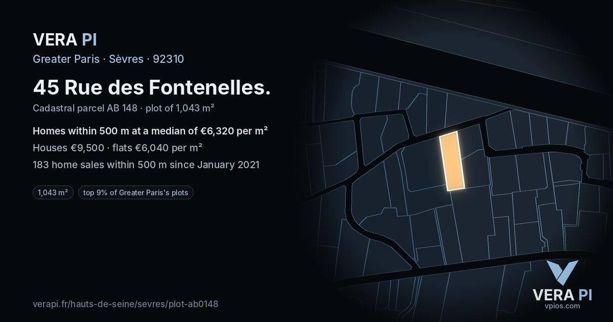 45 Rue des Fontenelles, Sèvres at night – the plot lit, the parcels around coloured by the prices near them
