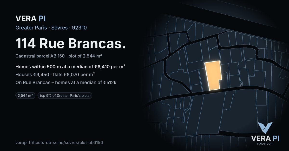 114 Rue Brancas, Sèvres at night – the plot lit, the parcels around coloured by the prices near them