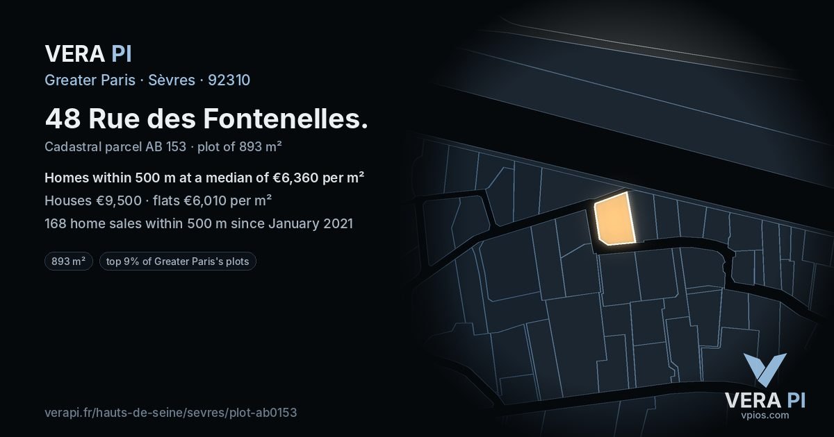48 Rue des Fontenelles, Sèvres at night – the plot lit, the parcels around coloured by the prices near them
