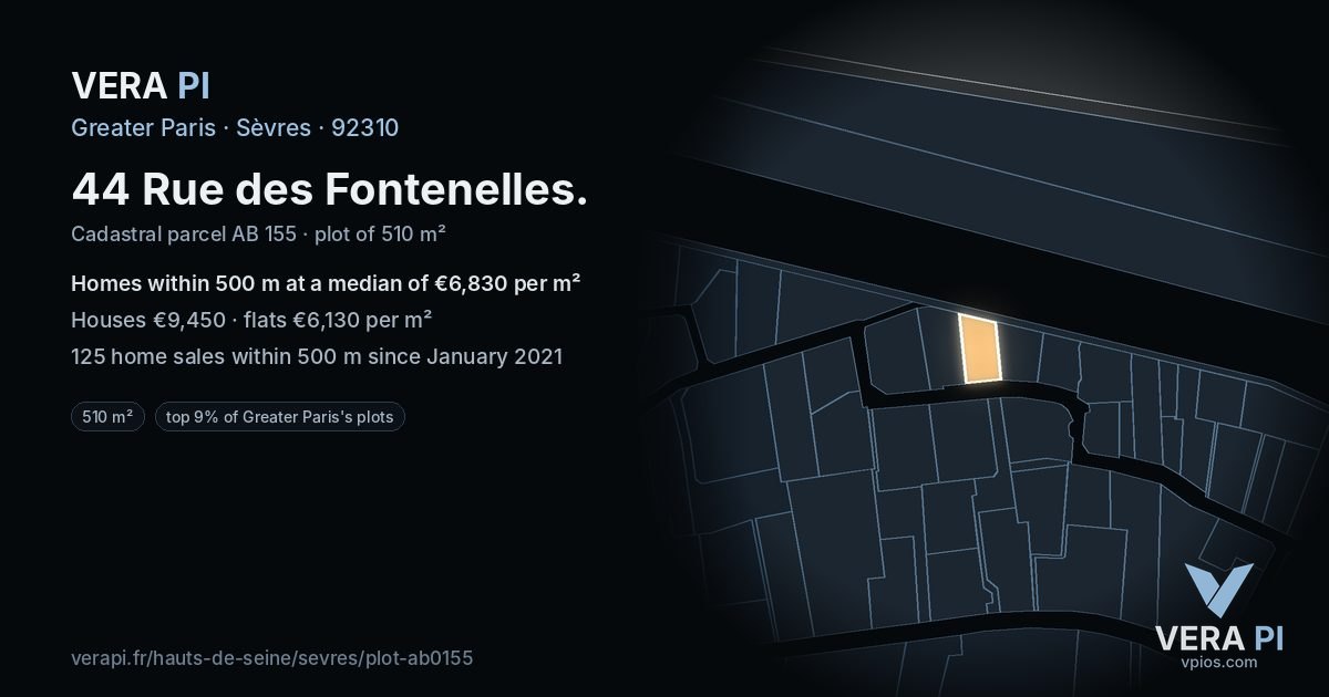 44 Rue des Fontenelles, Sèvres at night – the plot lit, the parcels around coloured by the prices near them