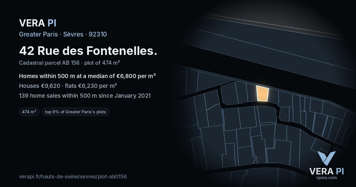 42 Rue des Fontenelles, Sèvres at night – the plot lit, the parcels around coloured by the prices near them