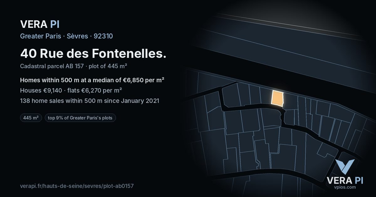 40 Rue des Fontenelles, Sèvres at night – the plot lit, the parcels around coloured by the prices near them