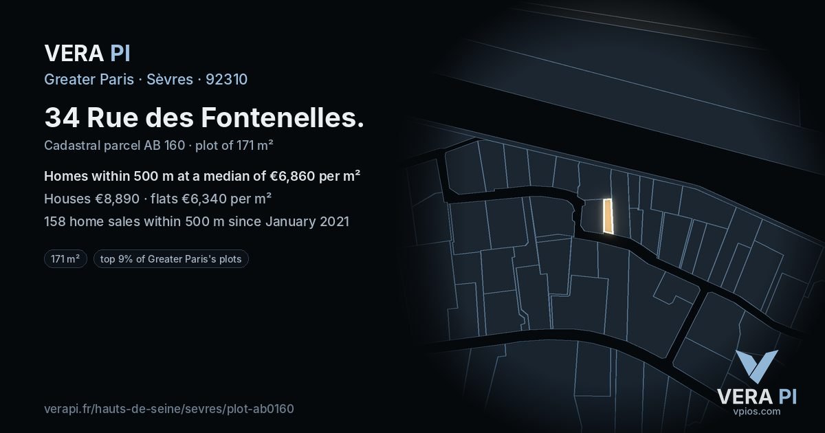 34 Rue des Fontenelles, Sèvres at night – the plot lit, the parcels around coloured by the prices near them