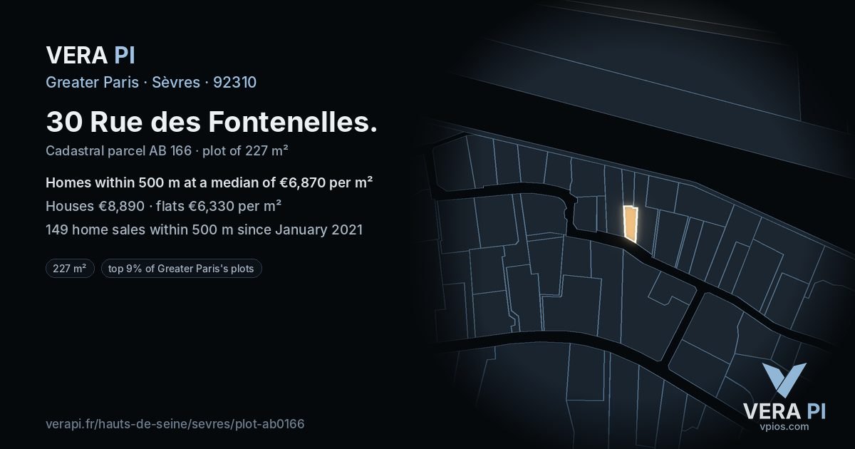 30 Rue des Fontenelles, Sèvres at night – the plot lit, the parcels around coloured by the prices near them