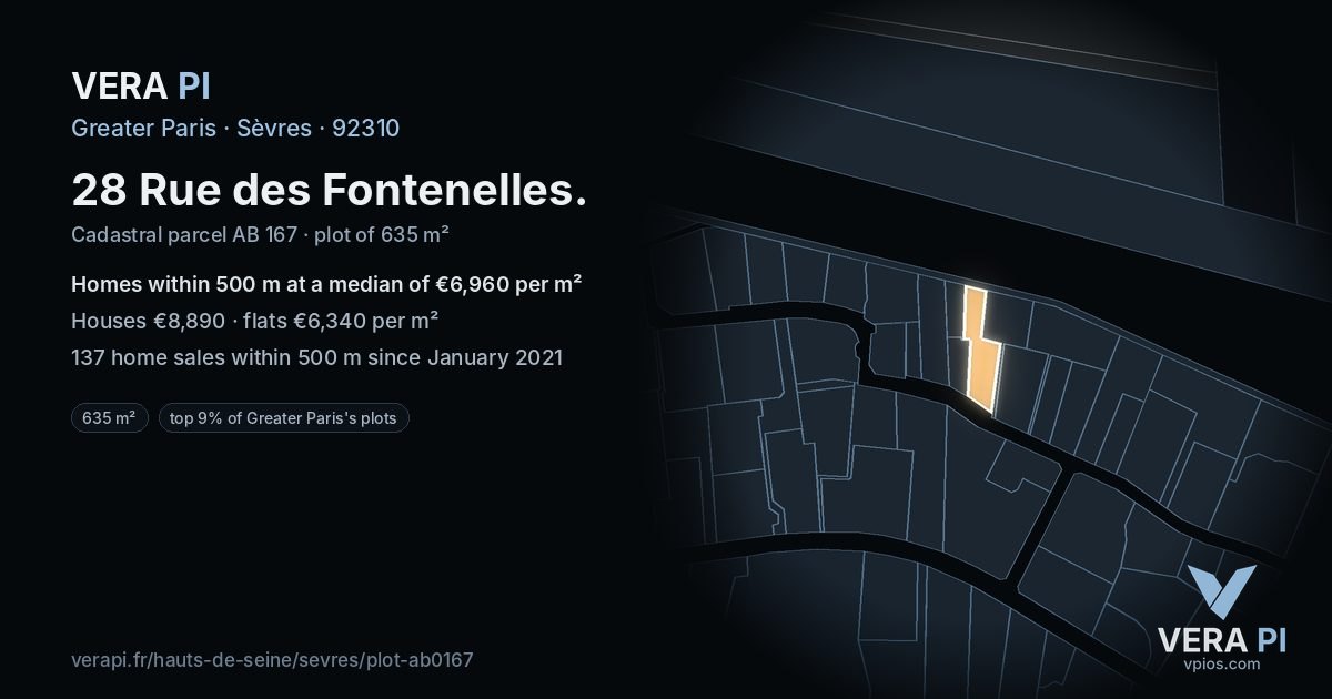 28 Rue des Fontenelles, Sèvres at night – the plot lit, the parcels around coloured by the prices near them
