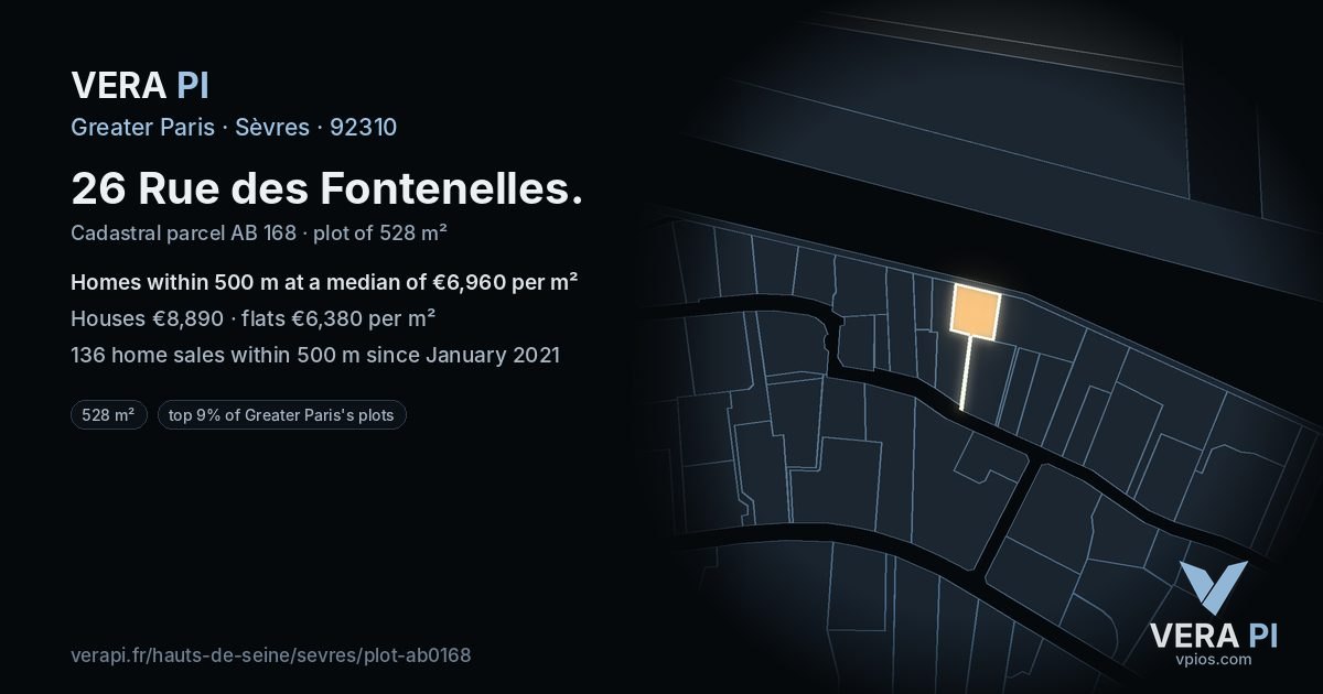 26 Rue des Fontenelles, Sèvres at night – the plot lit, the parcels around coloured by the prices near them