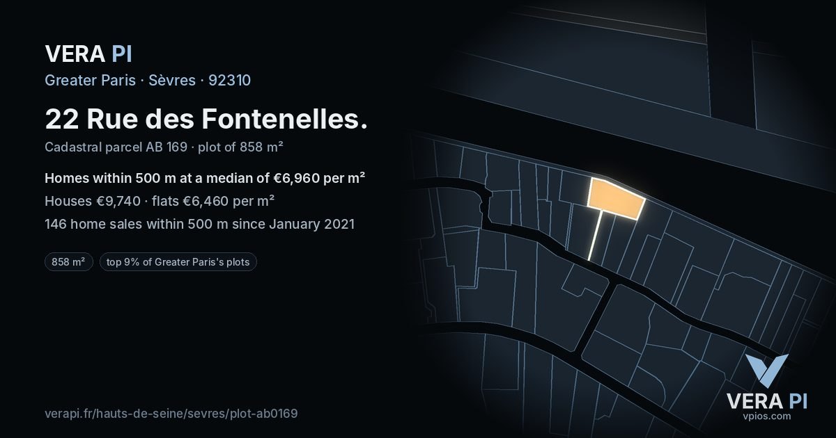 22 Rue des Fontenelles, Sèvres at night – the plot lit, the parcels around coloured by the prices near them