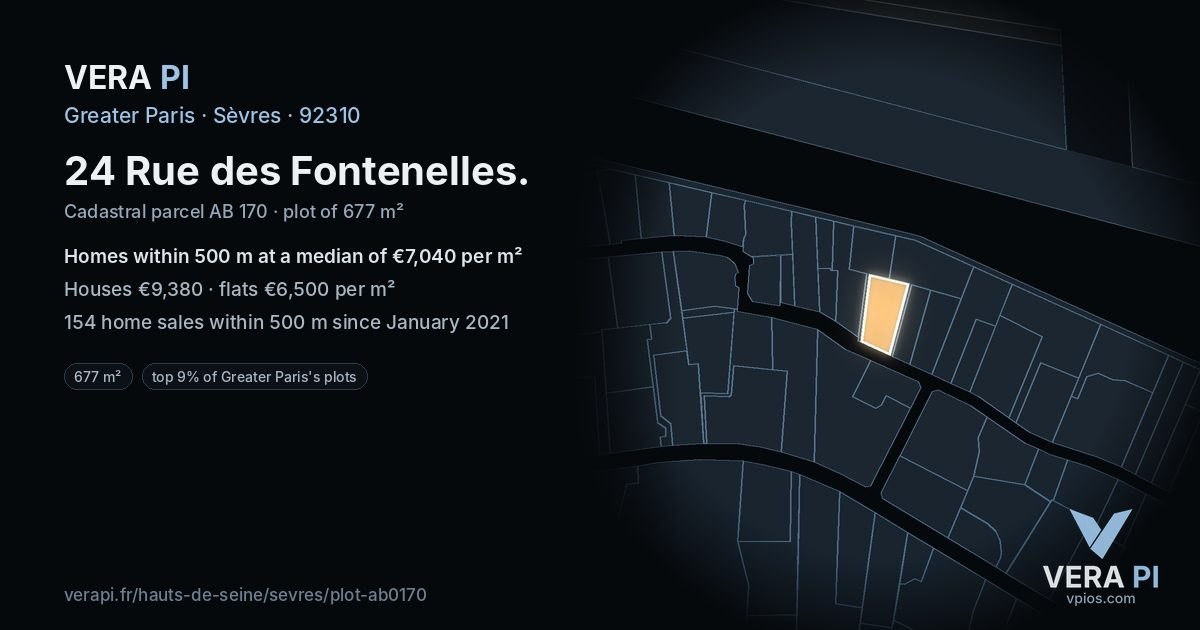 24 Rue des Fontenelles, Sèvres at night – the plot lit, the parcels around coloured by the prices near them