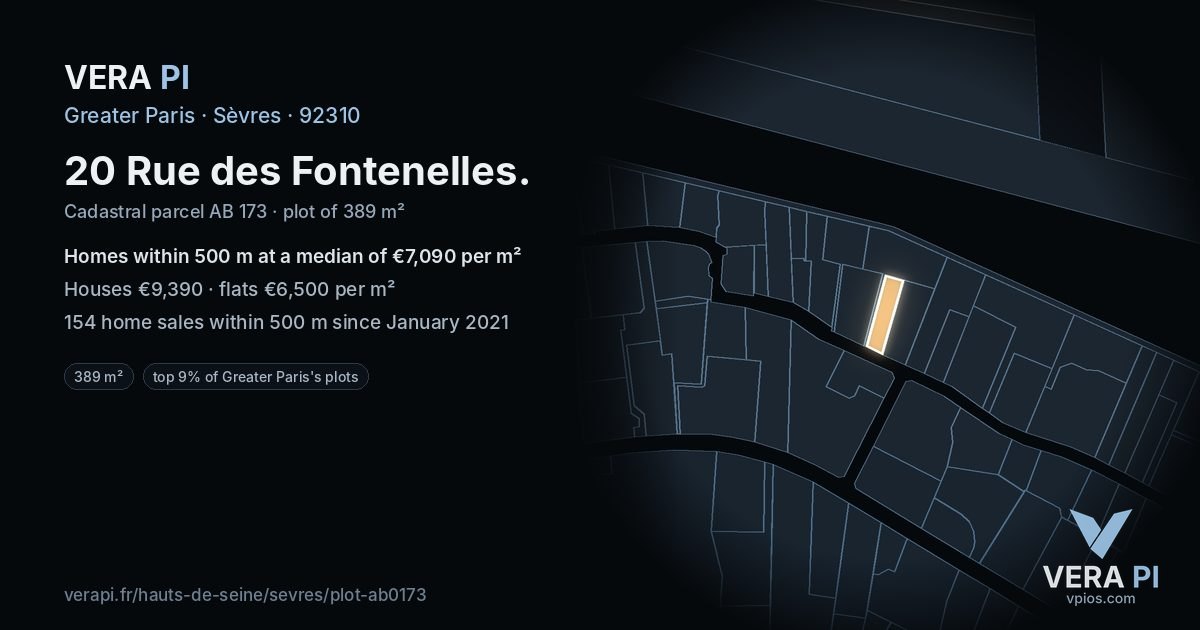 20 Rue des Fontenelles, Sèvres at night – the plot lit, the parcels around coloured by the prices near them