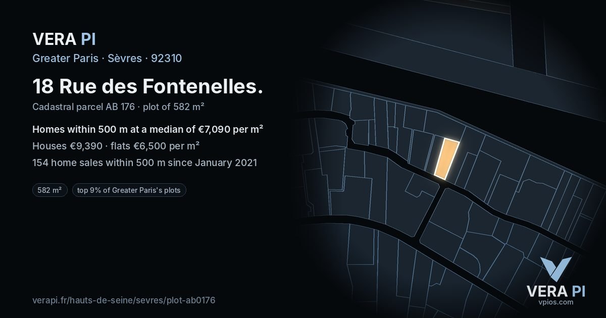 18 Rue des Fontenelles, Sèvres at night – the plot lit, the parcels around coloured by the prices near them
