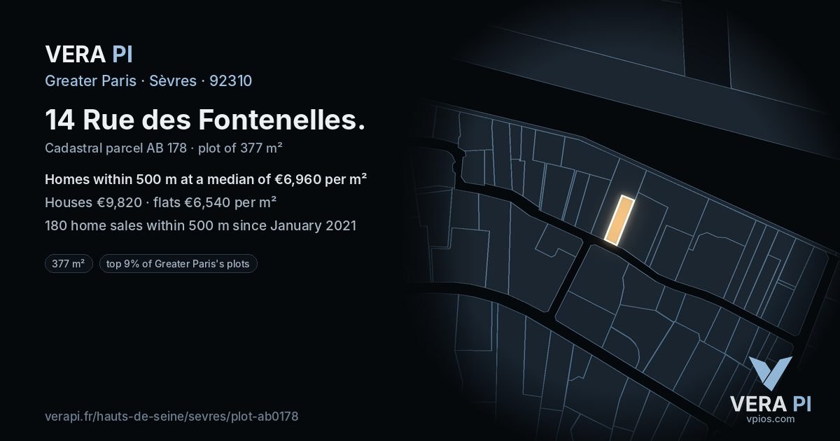 14 Rue des Fontenelles, Sèvres at night – the plot lit, the parcels around coloured by the prices near them