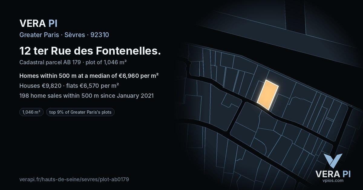 12 ter Rue des Fontenelles, Sèvres at night – the plot lit, the parcels around coloured by the prices near them