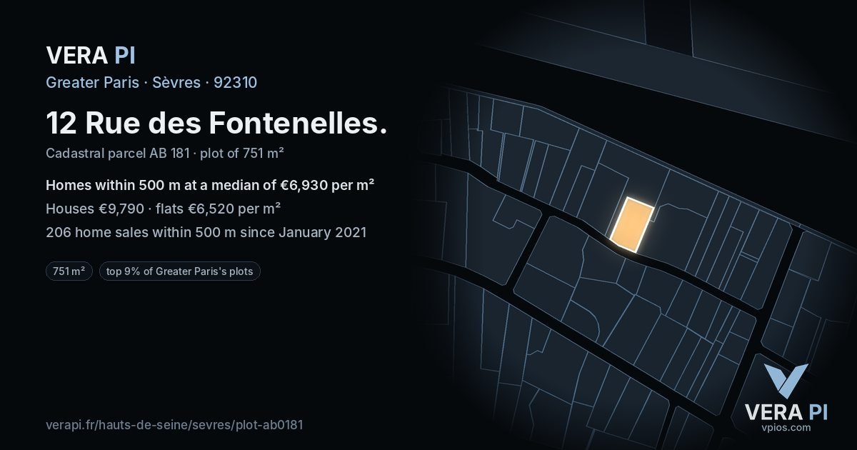 12 Rue des Fontenelles, Sèvres at night – the plot lit, the parcels around coloured by the prices near them