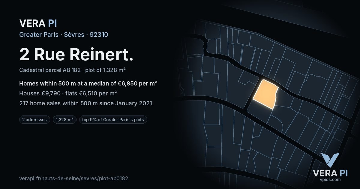 2 Rue Reinert, Sèvres at night – the plot lit, the parcels around coloured by the prices near them