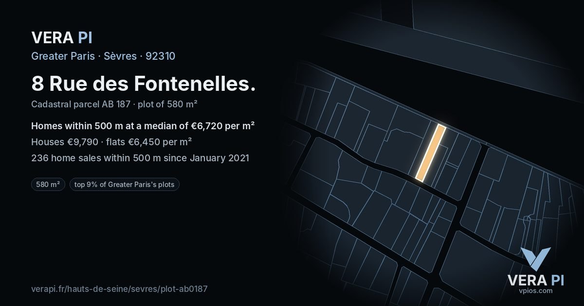 8 Rue des Fontenelles, Sèvres at night – the plot lit, the parcels around coloured by the prices near them