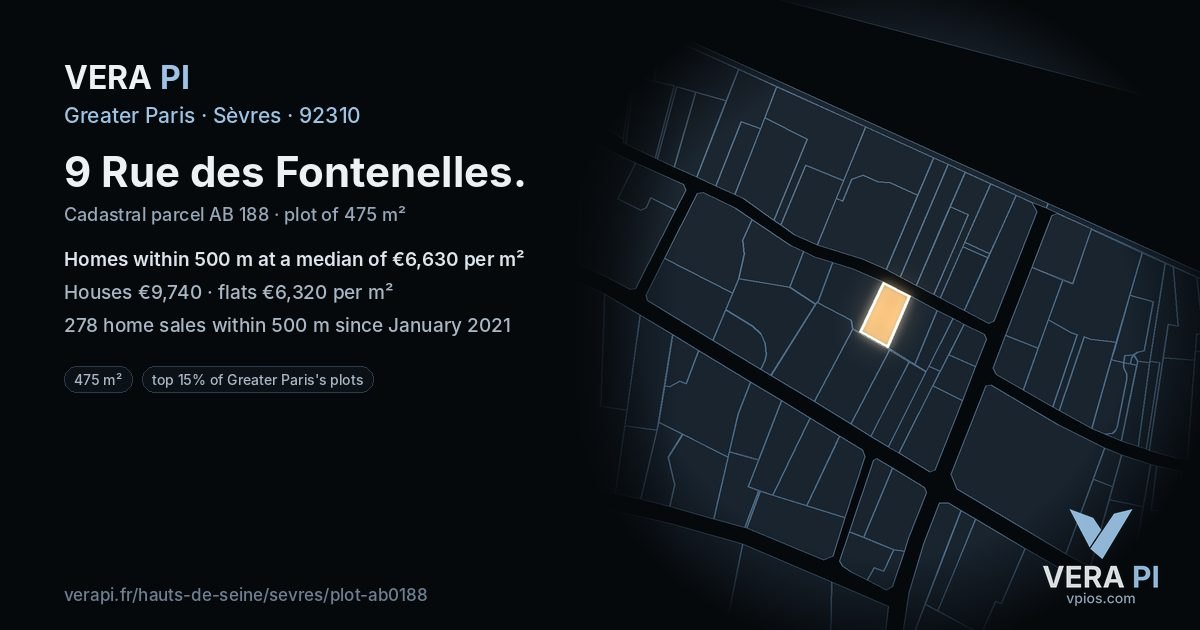 9 Rue des Fontenelles, Sèvres at night – the plot lit, the parcels around coloured by the prices near them