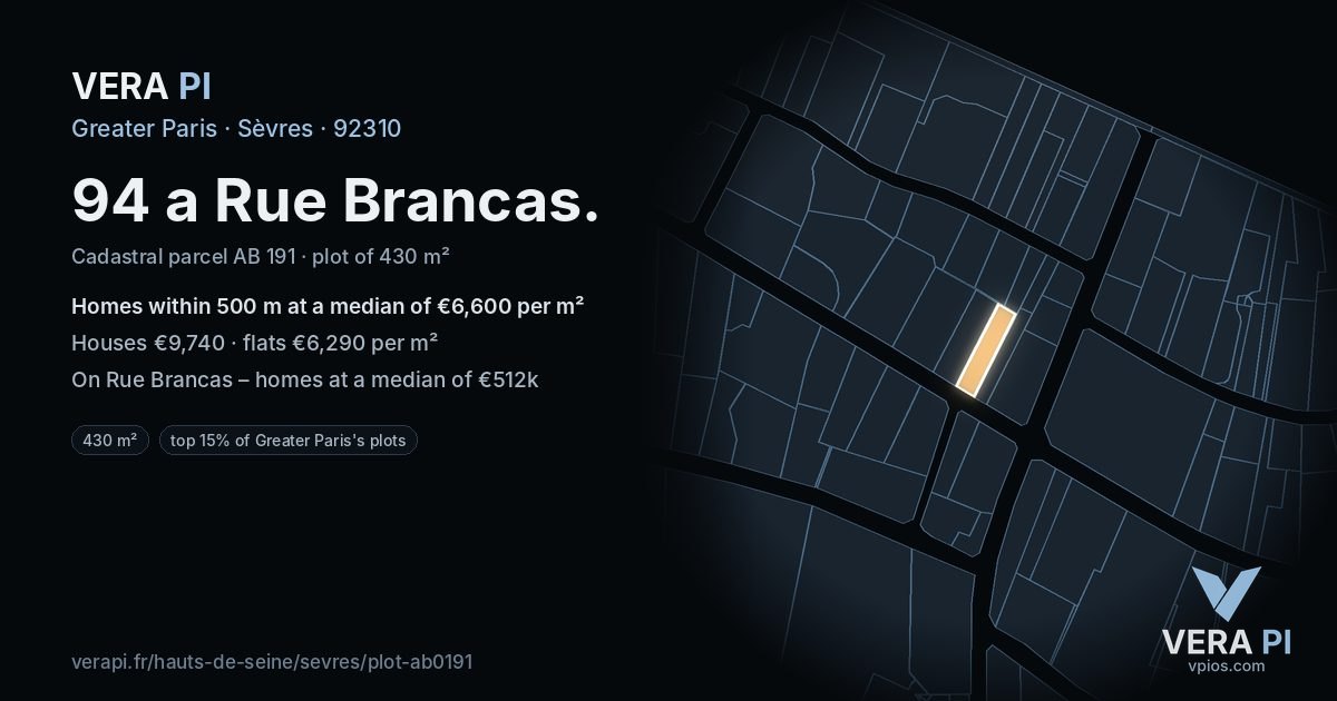 94 a Rue Brancas, Sèvres at night – the plot lit, the parcels around coloured by the prices near them
