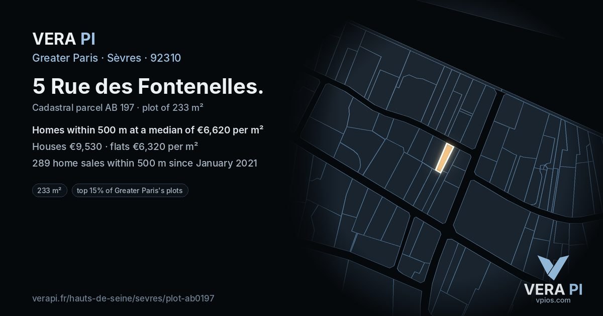 5 Rue des Fontenelles, Sèvres at night – the plot lit, the parcels around coloured by the prices near them