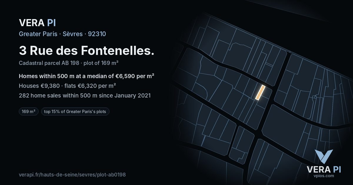 3 Rue des Fontenelles, Sèvres at night – the plot lit, the parcels around coloured by the prices near them