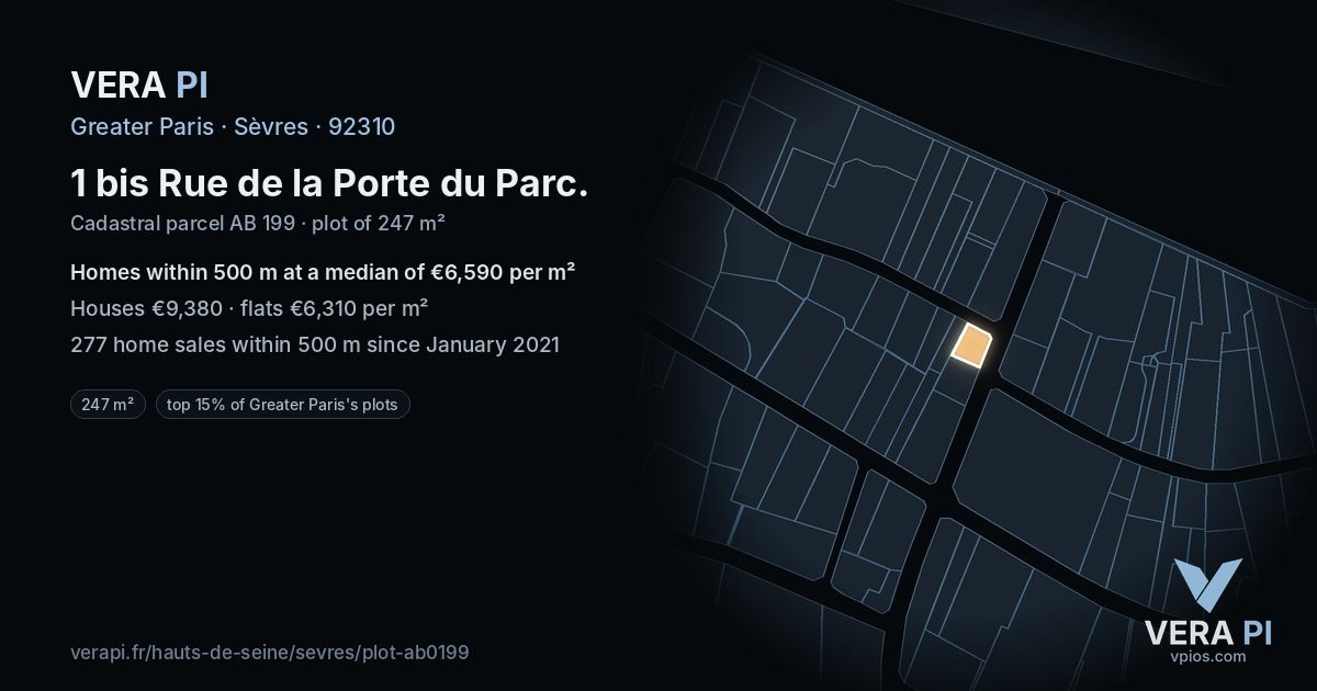 1 bis Rue de la Porte du Parc, Sèvres at night – the plot lit, the parcels around coloured by the prices near them