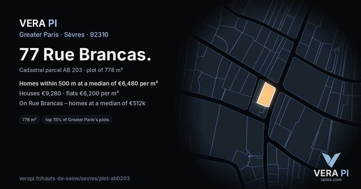 77 Rue Brancas, Sèvres at night – the plot lit, the parcels around coloured by the prices near them